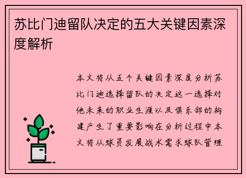 苏比门迪留队决定的五大关键因素深度解析