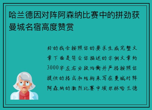 哈兰德因对阵阿森纳比赛中的拼劲获曼城名宿高度赞赏