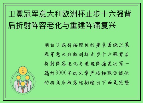 卫冕冠军意大利欧洲杯止步十六强背后折射阵容老化与重建阵痛复兴 卫冕冠军意大利欧洲杯止步十六强背后折射阵容老化与重建阵痛复兴